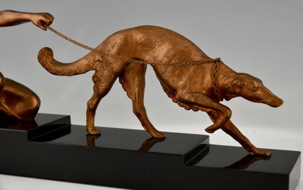 Art Deco bronze sculpture lady with greyhound dog.