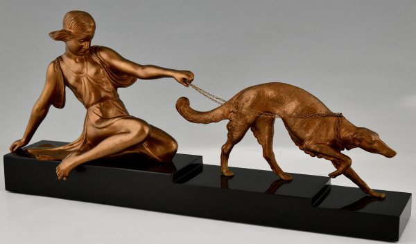 Art deco bronze Godard lady with dog - 2