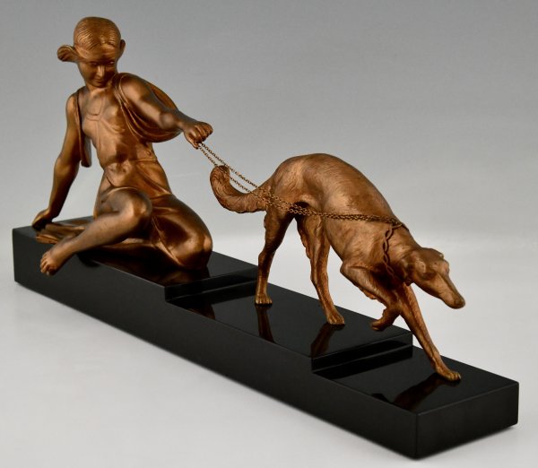 Art Deco bronze sculpture lady with greyhound dog.