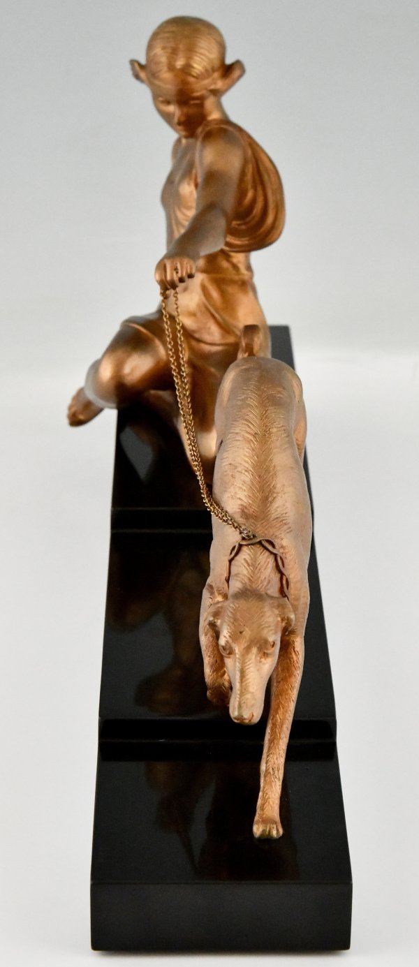 Art Deco bronze sculpture lady with greyhound dog.