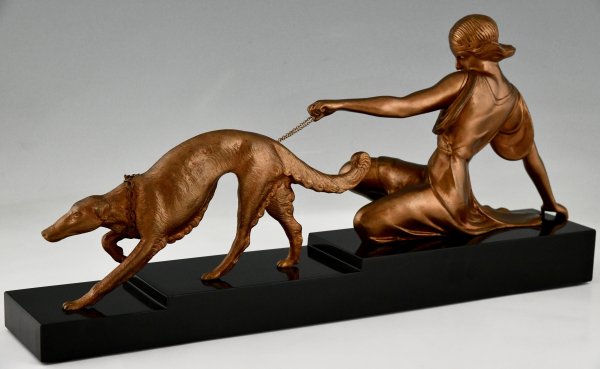 Art Deco bronze sculpture lady with greyhound dog.