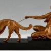 Sculpture en bronze Art Déco femme au chien lévrier