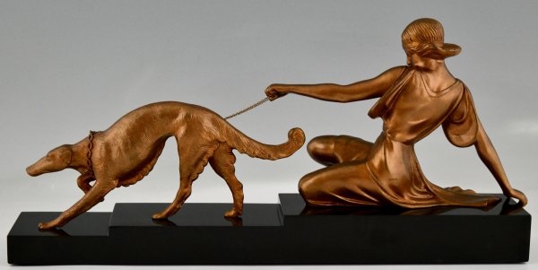 Art Deco bronzen sculptuur dame met windhond
