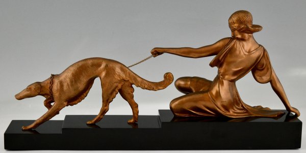 Art Deco bronze sculpture lady with greyhound dog.