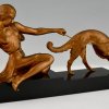 Art Deco bronzen sculptuur dame met windhond