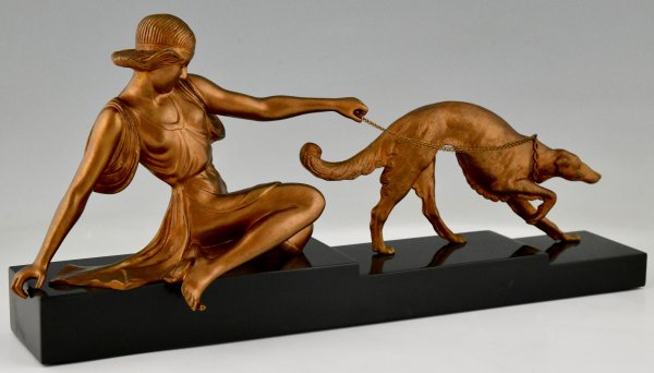 Art Deco bronzen sculptuur dame met windhond