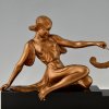 Art Deco bronzen sculptuur dame met windhond