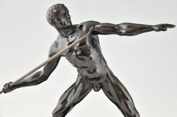 Art Deco sculpture male nude with spear.