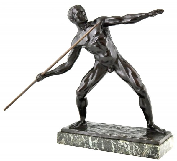 Art Deco sculpture male nude with spear.