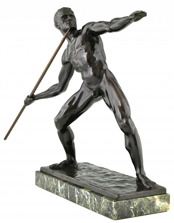 Art Deco sculptuur atleet mannelijk naakt met speer