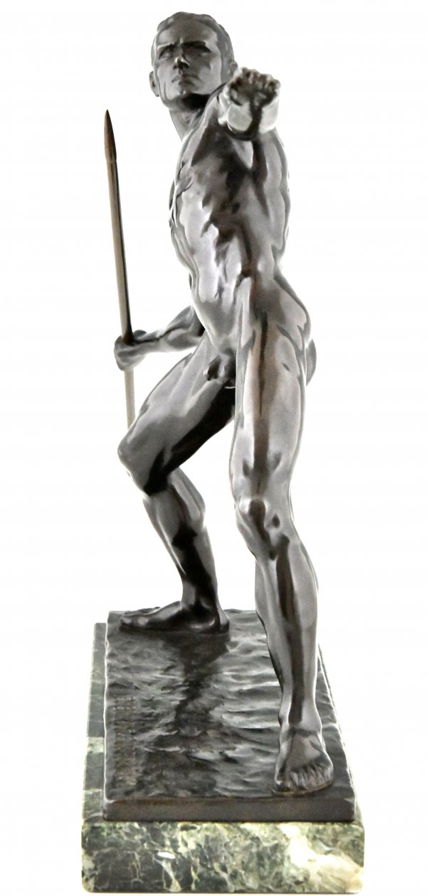 Art Deco sculpture male nude with spear.