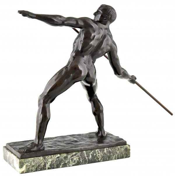 Art Deco sculpture male nude with spear.