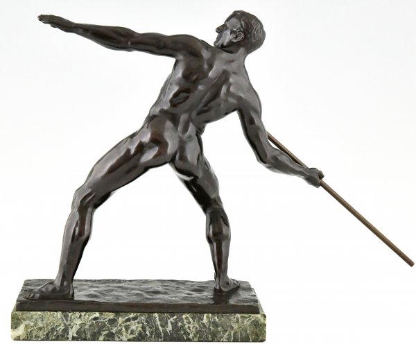 Art Deco sculptuur atleet mannelijk naakt met speer