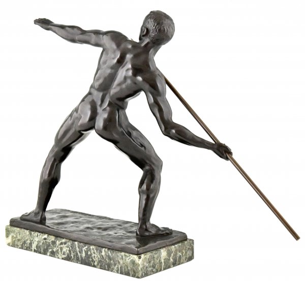 Art Deco sculpture male nude with spear.