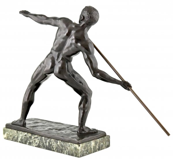 Art Deco sculptuur atleet mannelijk naakt met speer