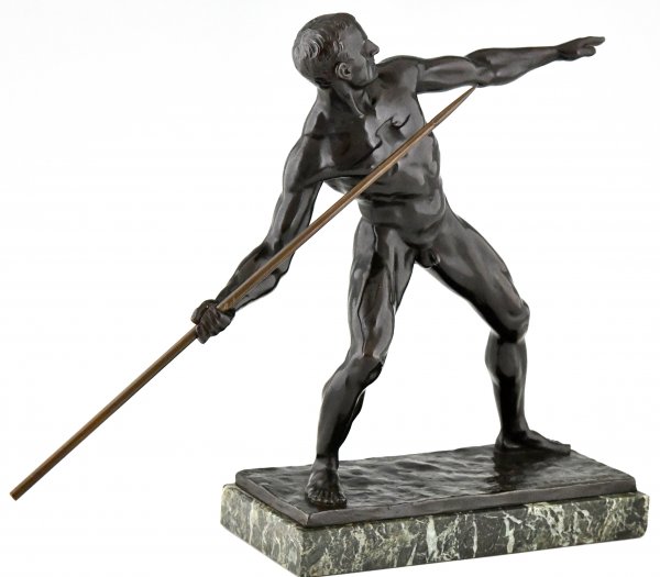 Art Deco sculpture male nude with spear.
