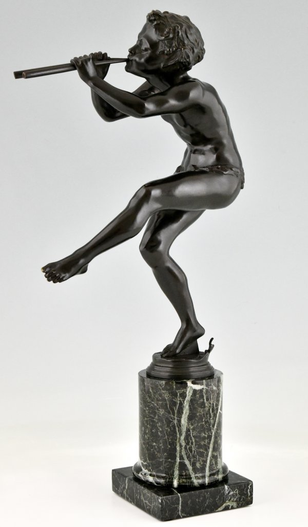 Art Deco bronze sculpture dancing faun with flutes.