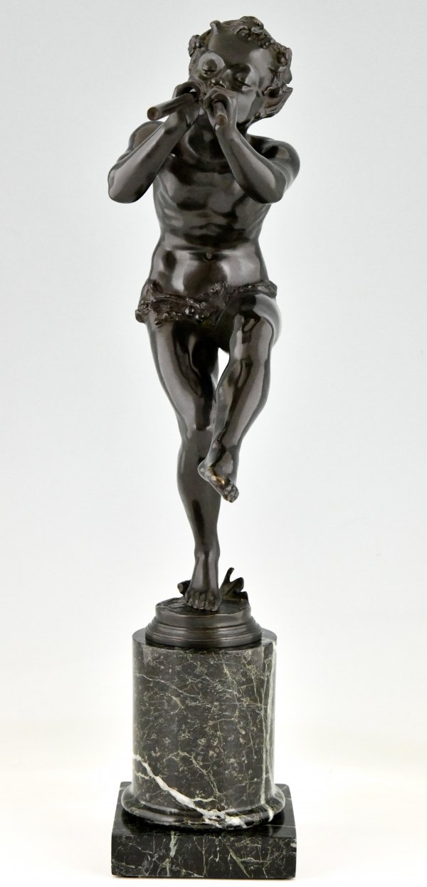 Art Deco bronze sculpture dancing faun with flutes.