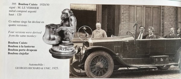 Art Deco Automobiel Maskottchen Affen mit Fahnenmast