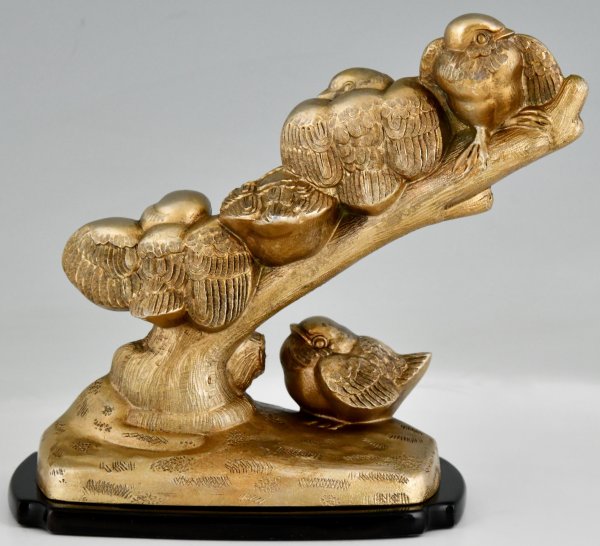 Art Deco sculpture five birds on branch.  