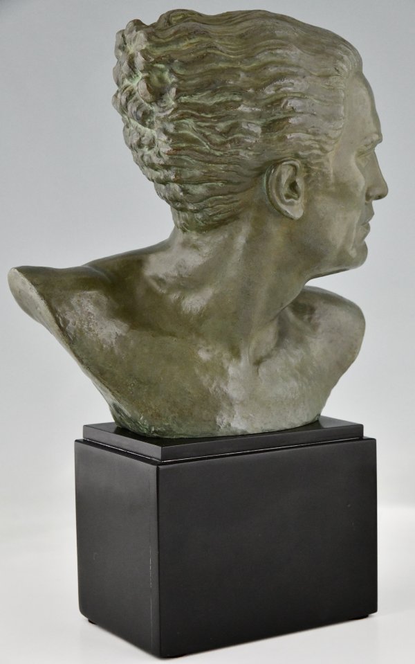 Art Deco bronze sculpture male bust aviator Jean Mermoz