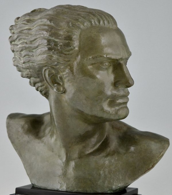 Art Deco bronze sculpture male bust aviator Jean Mermoz