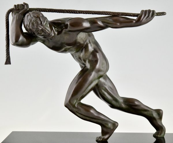 Art Deco bronze sculpture athlete pulling a rope.