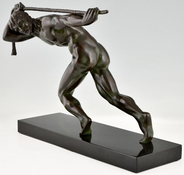 Art Deco bronze sculpture athlete pulling a rope.