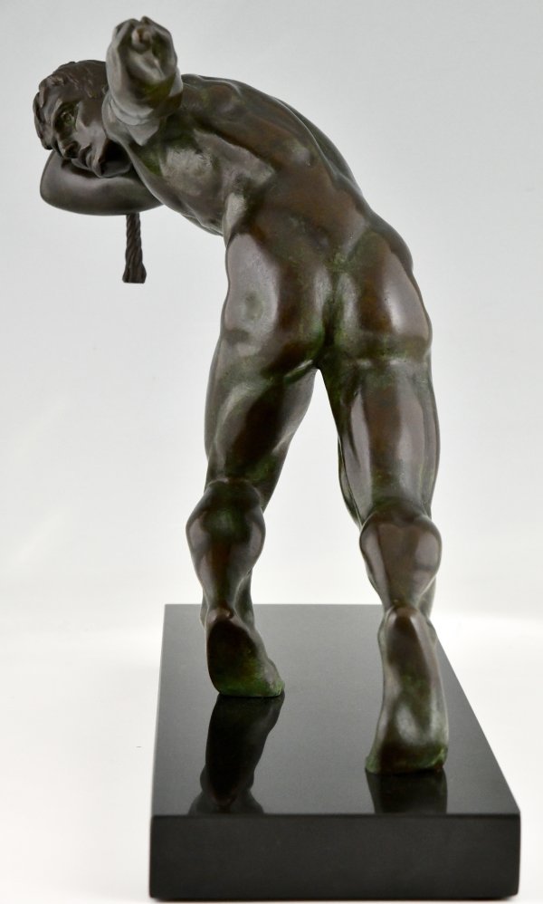 Art Deco bronze sculpture athlete pulling a rope.