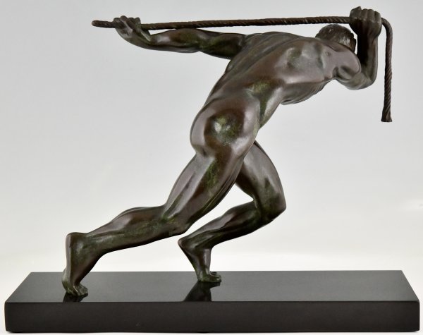 Art Deco bronze sculpture athlete pulling a rope.