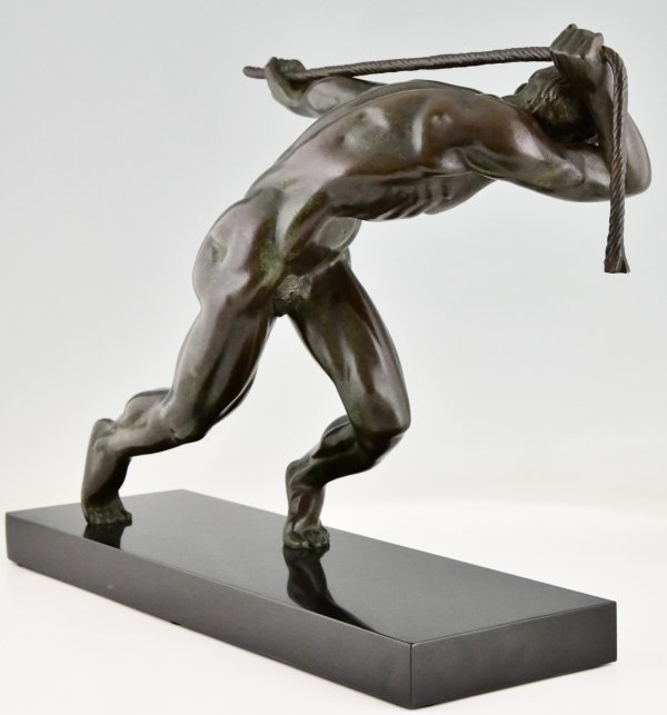 Art Deco bronze sculpture athlete pulling a rope.