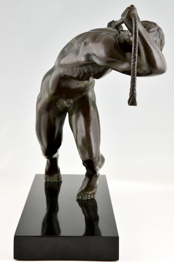 Art Deco bronze sculpture athlete pulling a rope.