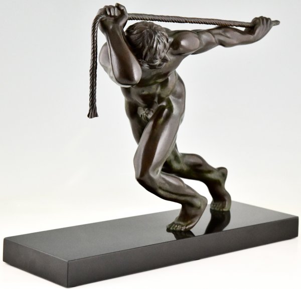 Art Deco bronze sculpture athlete pulling a rope.