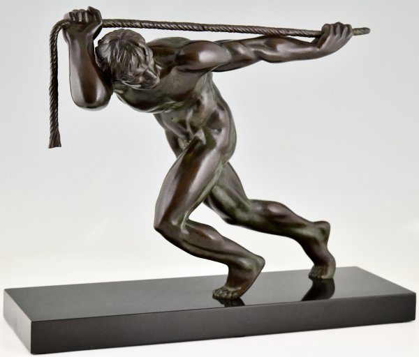 Art Deco bronze sculpture athlete pulling a rope.