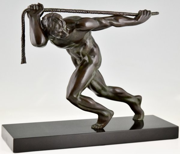 Art Deco bronzen sculptuur atleet met touw