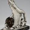 Sculpture en bronze Art Deco danseuse nue et homme agenouillé