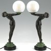 Paar Lampen Art Deco Stil Frauenakt mit Globus Clarté LUEUR LUMINEUSE 38 cm