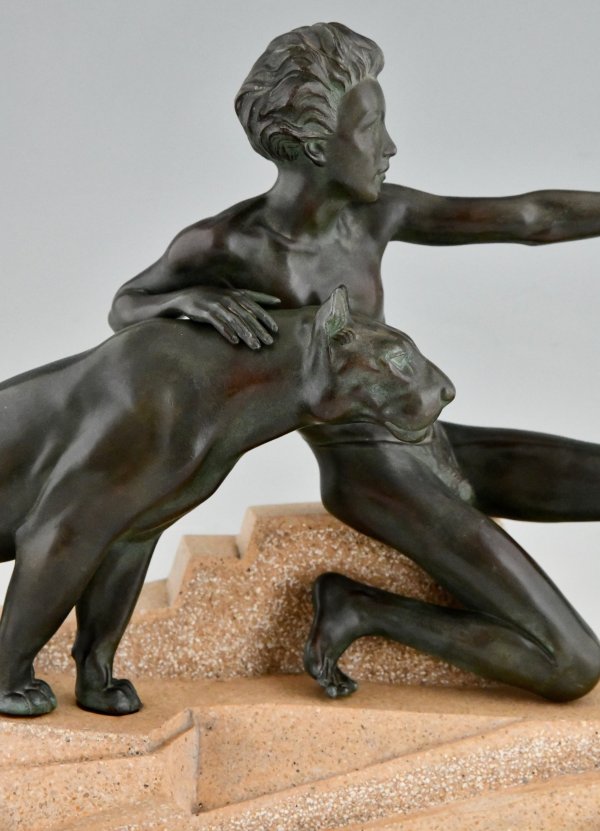 Art Deco sculpture young man with panther.