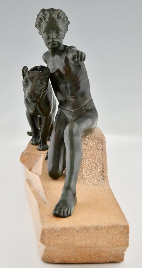 Art Deco sculpture young man with panther.