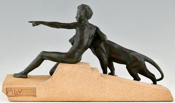 Art Deco sculpture young man with panther.