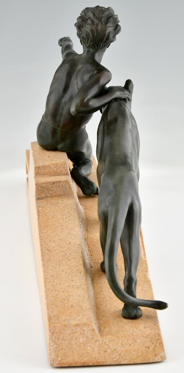 Art Deco sculpture young man with panther.