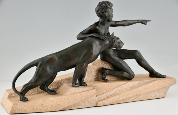 Art Deco sculpture young man with panther.