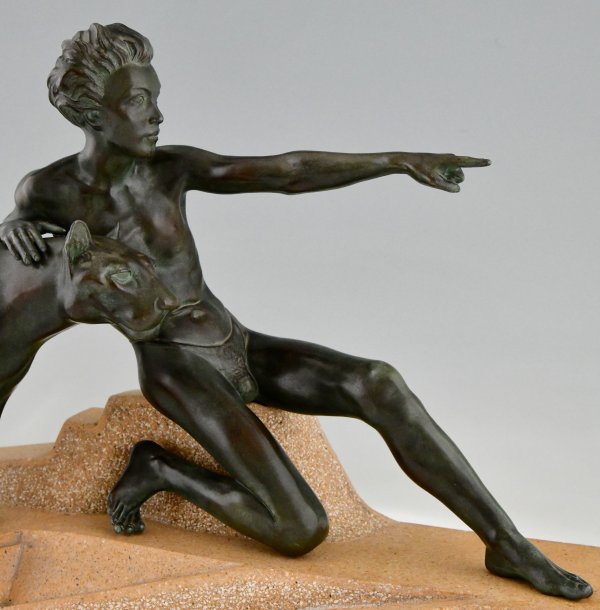 Art Deco sculpture young man with panther.