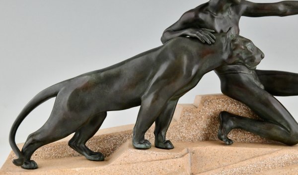 Art Deco sculpture young man with panther.