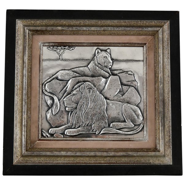 Art Deco wall panel silver lions