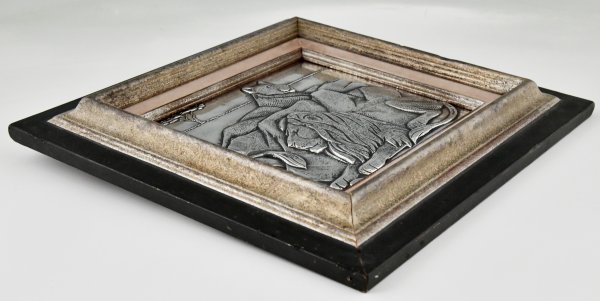 Art Deco embossed silver wall panel with lions.