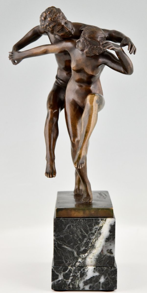 Art Nouveau bronze sculpture dancing nude couple