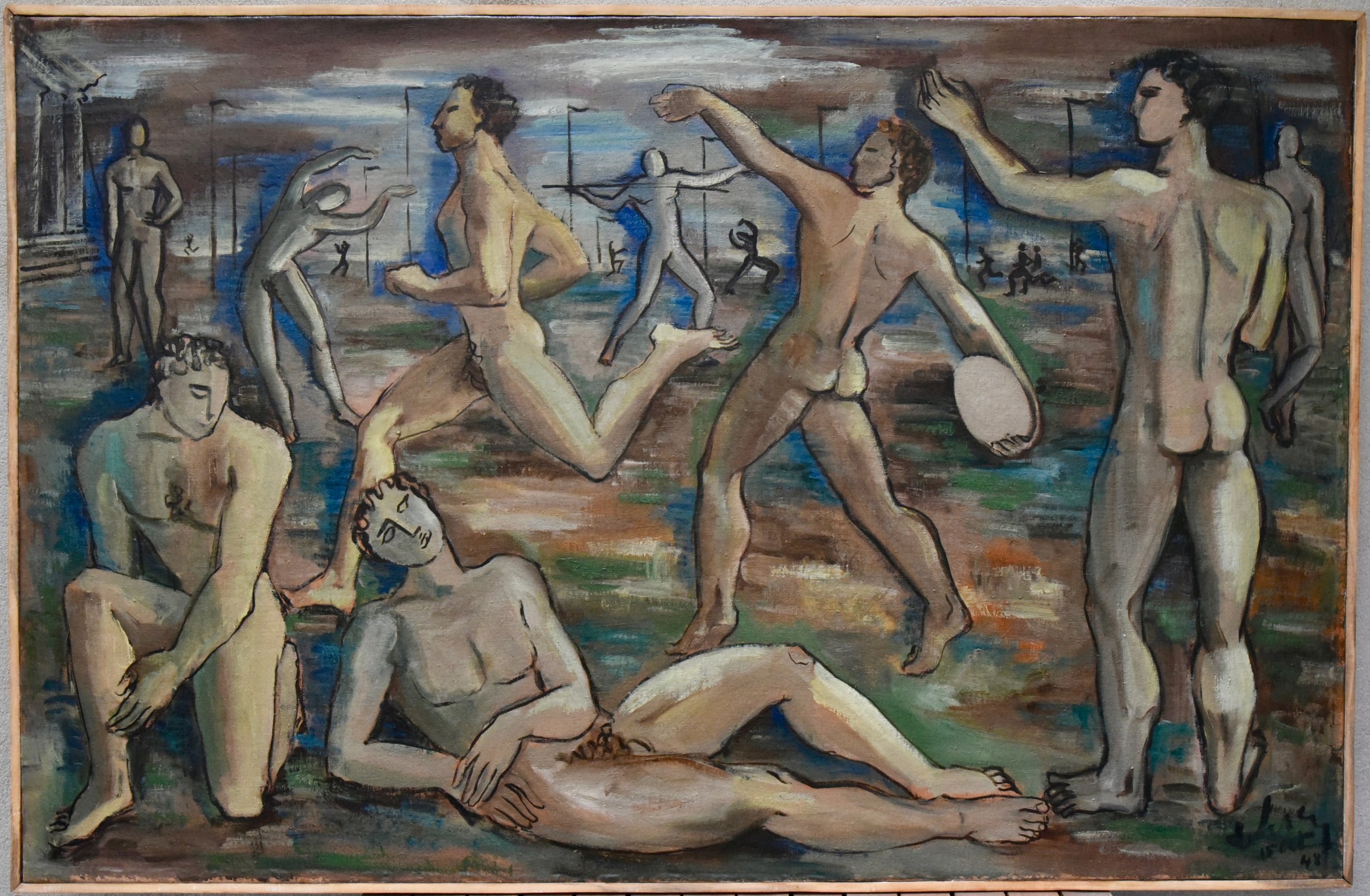 Peinture Art Déco d’athlètes nus masculins aux Jeux Olympiques.