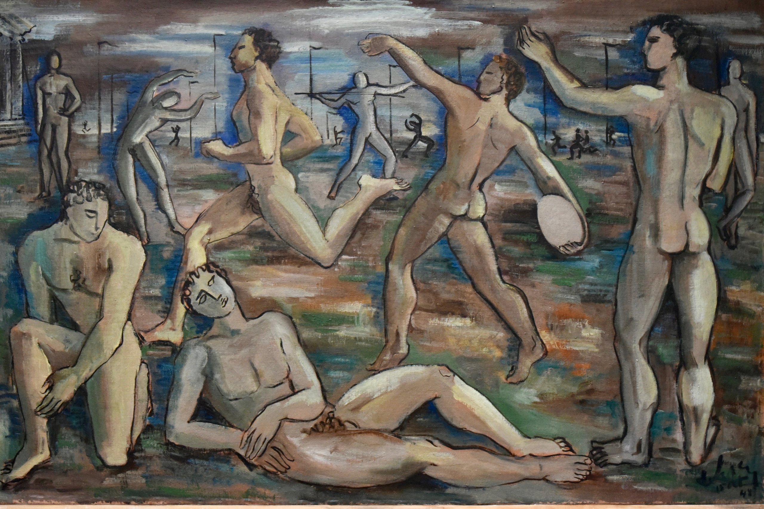 Art Deco painting of male nude athletes at the Olympics.