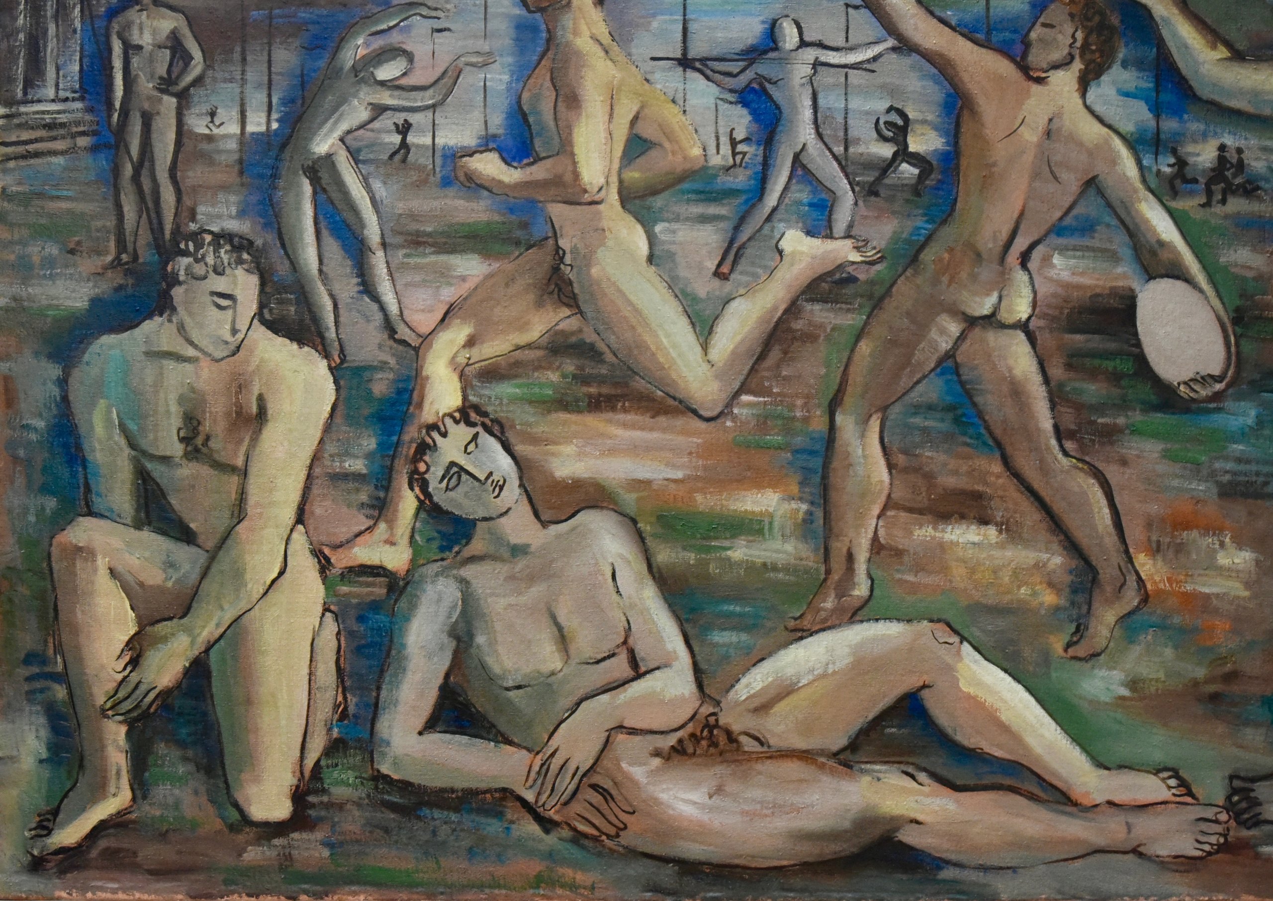 Art Deco painting of male nude athletes at the  Olympics.